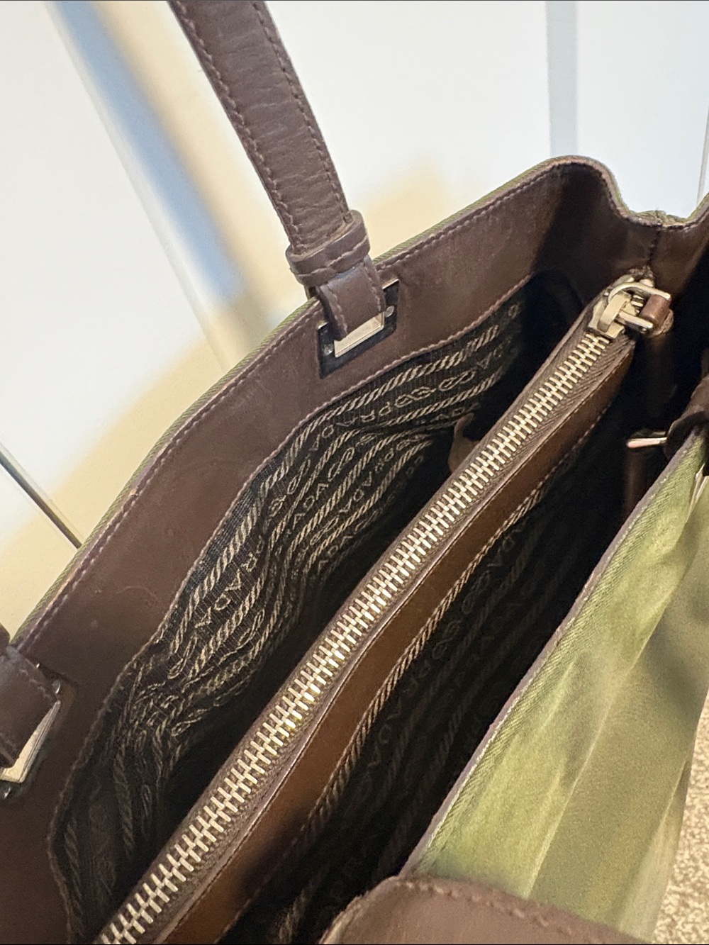 [Prada] Olive Green Nylon Shoulder Bag Handbag Purse Small Tote w/ Brown Leather - Picture 12 of 16